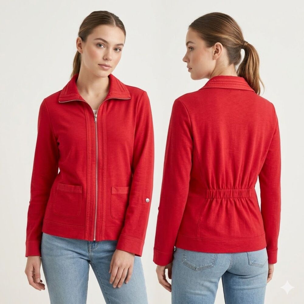 Chico's Zenergy Vibrant Red Ribbed Trim Full-Zip Performance Jacket Blazer SZ S